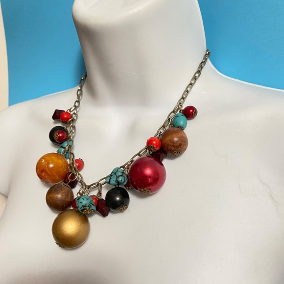 Boho Necklace Acrylic & Wood Beads Silver Tone - Picture 4 of 6